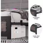 Cadre de lit double robuste avec station de recharge, design industriel moderne avec tête et pied de lit rivetées, montage facile