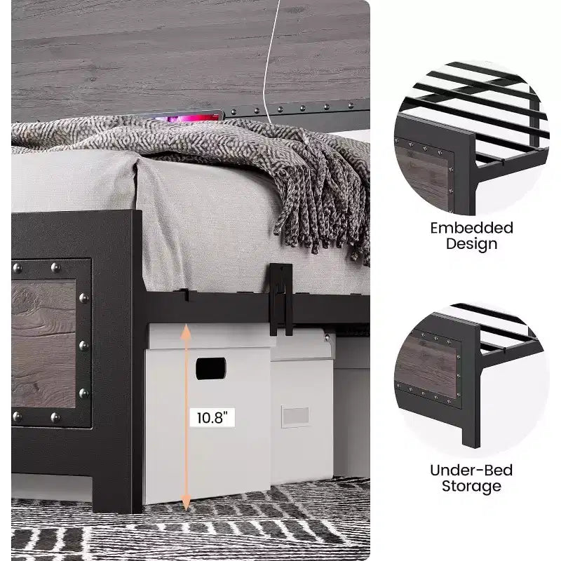 Cadre de lit double robuste avec station de recharge, design industriel moderne avec tête et pied de lit rivetées, montage facile