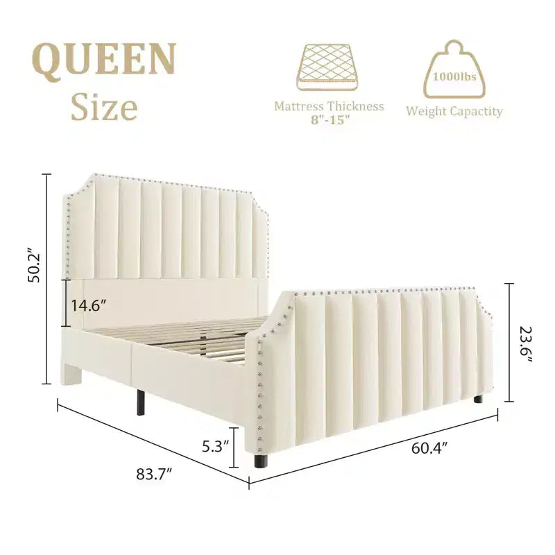 Cadre de lit King en velours, tête et pied de lit de 127,5 cm de hauteur, cadre de lit plateforme rembourré avec bordure cloutée, pas besoin de sommier.