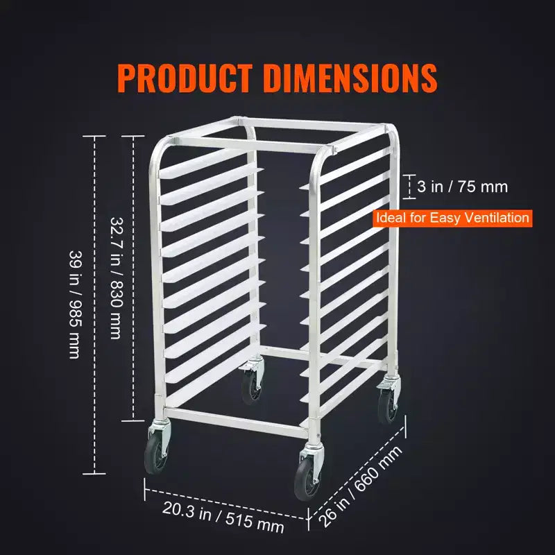 Étagère de chariot VEVOR à pain, chariot de boulangerie commercial à 10 niveaux avec roues freinées, rangement de chariot en aluminium pour tôles pleine et demi-taille, 66L x 51,6l x 99H cm