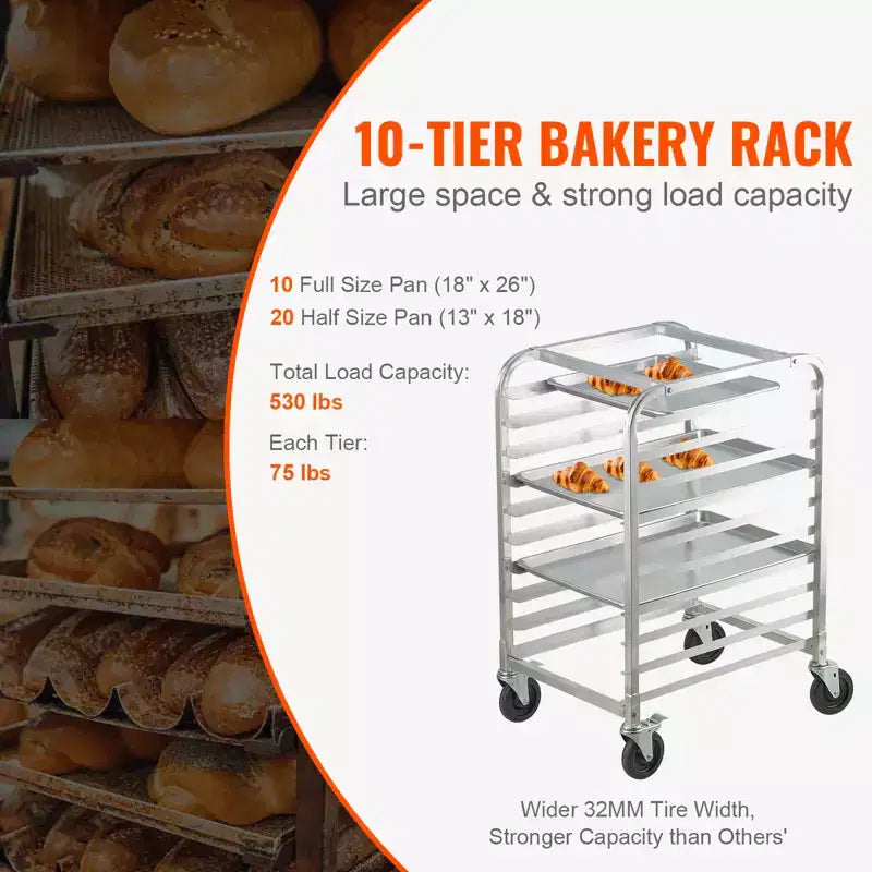 Étagère de chariot VEVOR à pain, chariot de boulangerie commercial à 10 niveaux avec roues freinées, rangement de chariot en aluminium pour tôles pleine et demi-taille, 66L x 51,6l x 99H cm