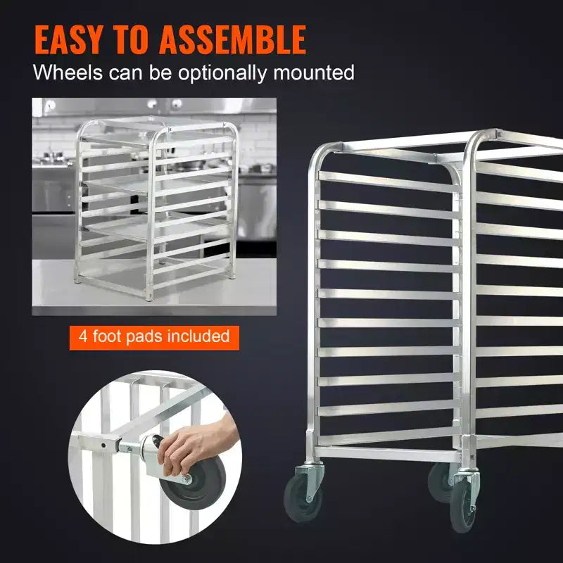Étagère de chariot VEVOR à pain, chariot de boulangerie commercial à 10 niveaux avec roues freinées, rangement de chariot en aluminium pour tôles pleine et demi-taille, 66L x 51,6l x 99H cm