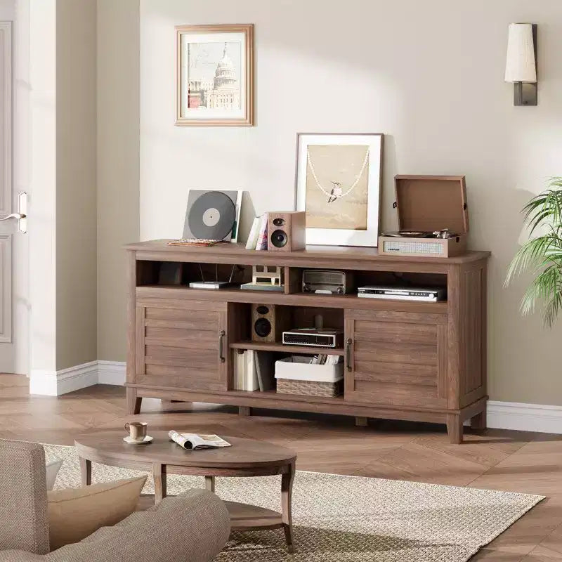 Meuble TV moderne Acekool pour téléviseur de 65 pouces, armoire à double porte semi-ouverte avec étagères réglables, 8 compartiments de rangement
