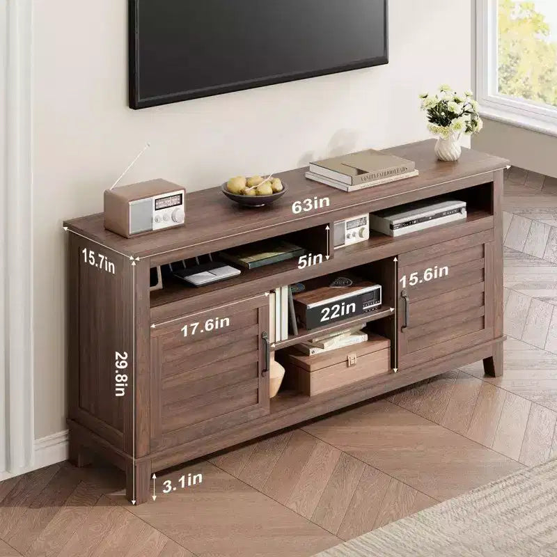 Meuble TV moderne Acekool pour téléviseur de 65 pouces, armoire à double porte semi-ouverte avec étagères réglables, 8 compartiments de rangement