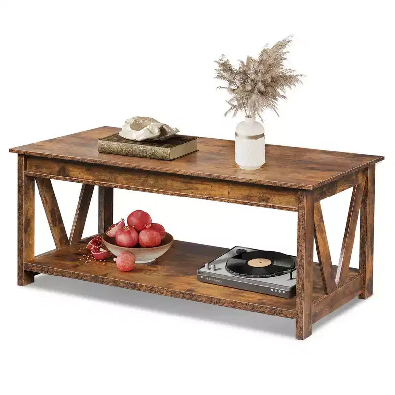 Table basse 43 avec étagère de rangement et support en V robuste, table centrale en bois de style ferme pour salon, chambre, bureau, balcon