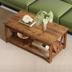 Table basse 43 avec étagère de rangement et support en V robuste, table centrale en bois de style ferme pour salon, chambre, bureau, balcon
