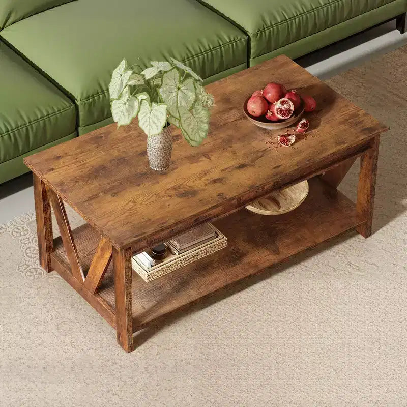 Table basse 43 avec étagère de rangement et support en V robuste, table centrale en bois de style ferme pour salon, chambre, bureau, balcon