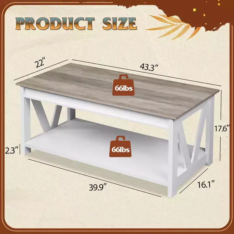 Table basse 43 avec étagère de rangement et support en V robuste, table centrale en bois de style ferme pour salon, chambre, bureau, balcon