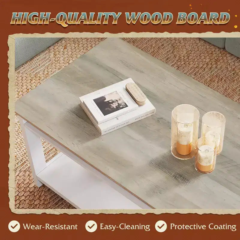Table basse 43 avec étagère de rangement et support en V robuste, table centrale en bois de style ferme pour salon, chambre, bureau, balcon