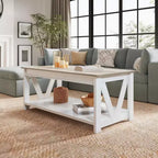 Table basse 43 avec étagère de rangement et support en V robuste, table centrale en bois de style ferme pour salon, chambre, bureau, balcon
