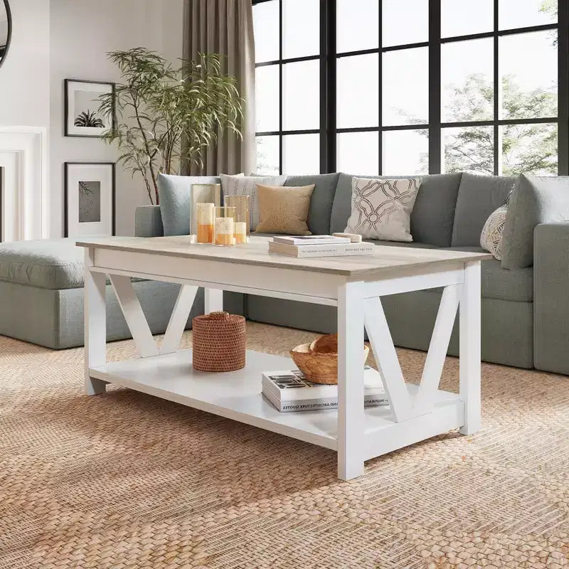Table basse 43 avec étagère de rangement et support en V robuste, table centrale en bois de style ferme pour salon, chambre, bureau, balcon
