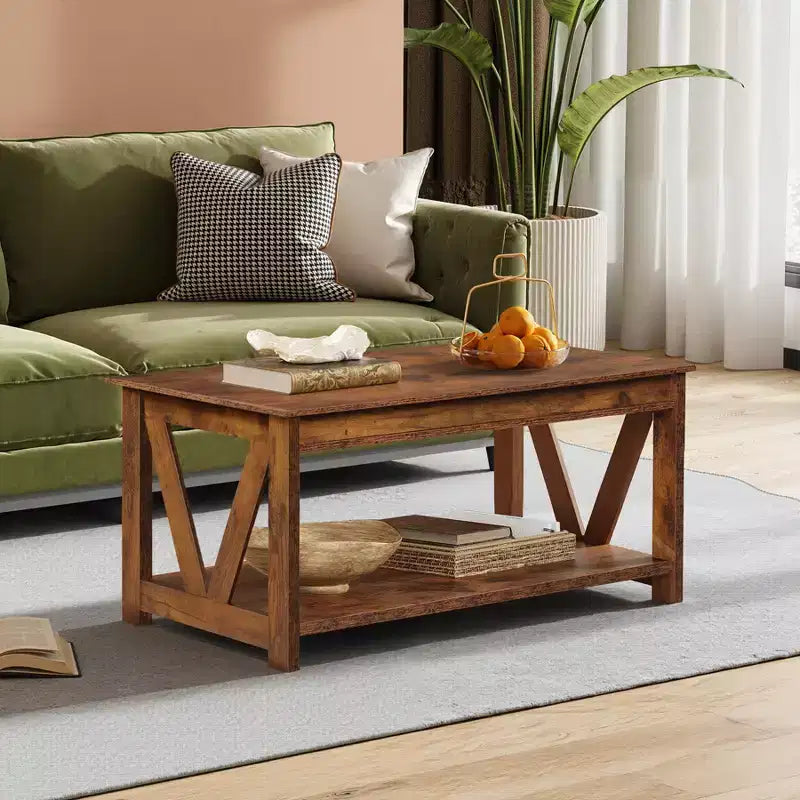 Table basse 43 avec étagère de rangement et support en V robuste, table centrale en bois de style ferme pour salon, chambre, bureau, balcon