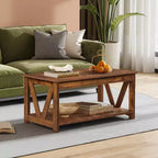 Table basse 43 avec étagère de rangement et support en V robuste, table centrale en bois de style ferme pour salon, chambre, bureau, balcon
