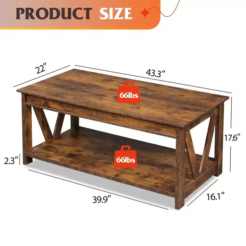 Table basse 43 avec étagère de rangement et support en V robuste, table centrale en bois de style ferme pour salon, chambre, bureau, balcon