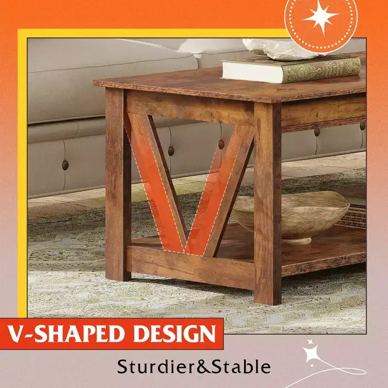 Table basse 43 avec étagère de rangement et support en V robuste, table centrale en bois de style ferme pour salon, chambre, bureau, balcon