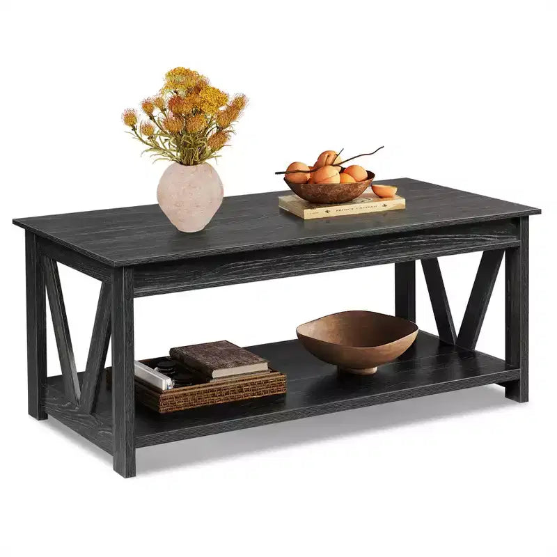 Coffee Table 43 with Storage Shelf and Sturdy V-Shaped Support, Farmhouse Wood Center Table for Living Room, Bedroom, Office, Balcony
