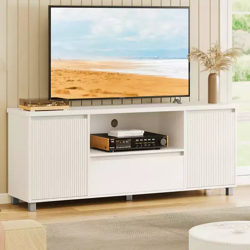 Garvee 70in TV Stand for TVs up to 80 Mid Century Modern Entertainment Center with Drawer TV Console Cabinet for Living Room Bedroom Light Oak