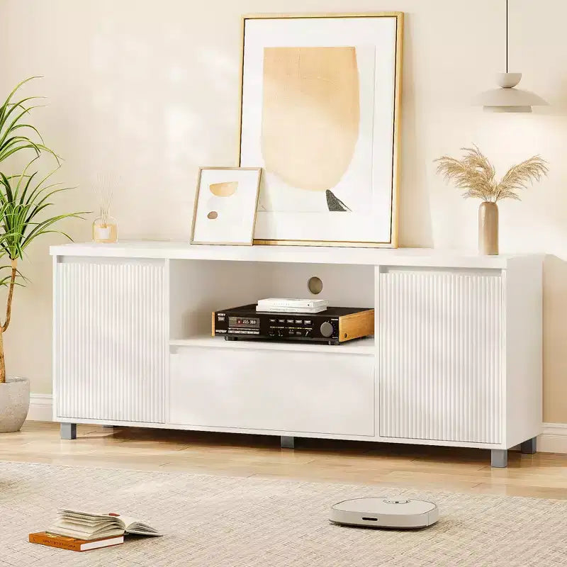 Meuble TV Garvee 70 po pour téléviseurs jusqu'à 80 po, meuble de divertissement moderne du milieu du siècle avec tiroir, console TV pour salon, chambre, chêne clair