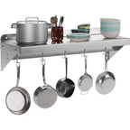 Stainless Steel Shelf, Multi-Purpose Metal Wall Mounted Shelf with 2 Stainless Steel Backplates and 7 Hooks, Kitchen, Warehouse