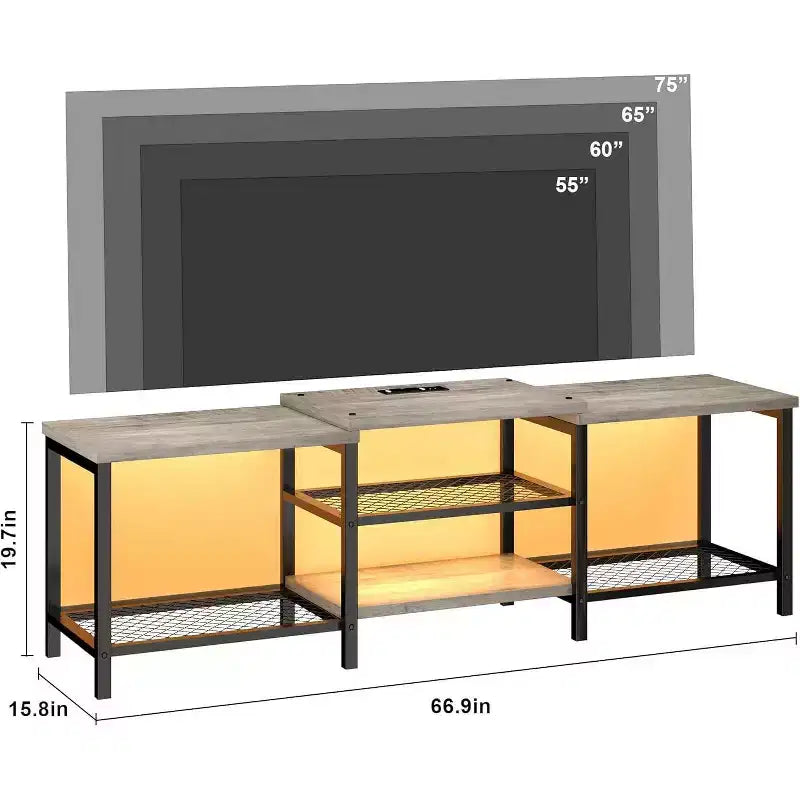 Meuble TV Acekool 170 cm avec lumières LED et prises de courant, meuble de divertissement gris pour TV 55/65/75 pouces, grand meuble console pour salon