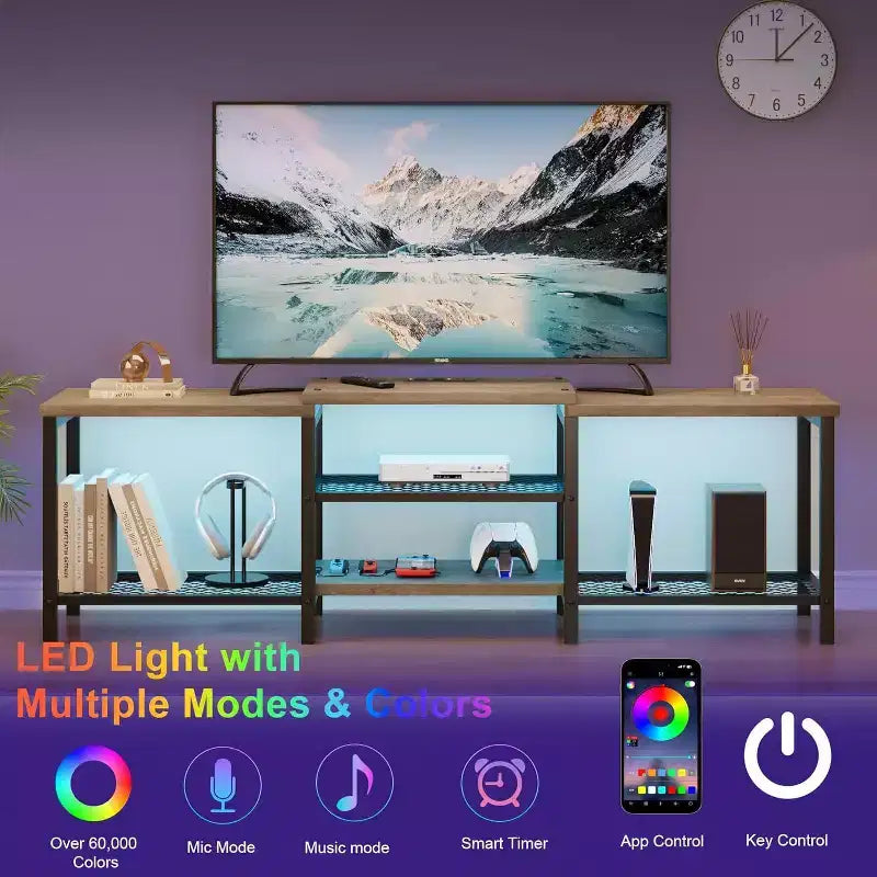 Meuble TV Acekool 170 cm avec lumières LED et prises de courant, meuble de divertissement gris pour TV 55/65/75 pouces, grand meuble console pour salon