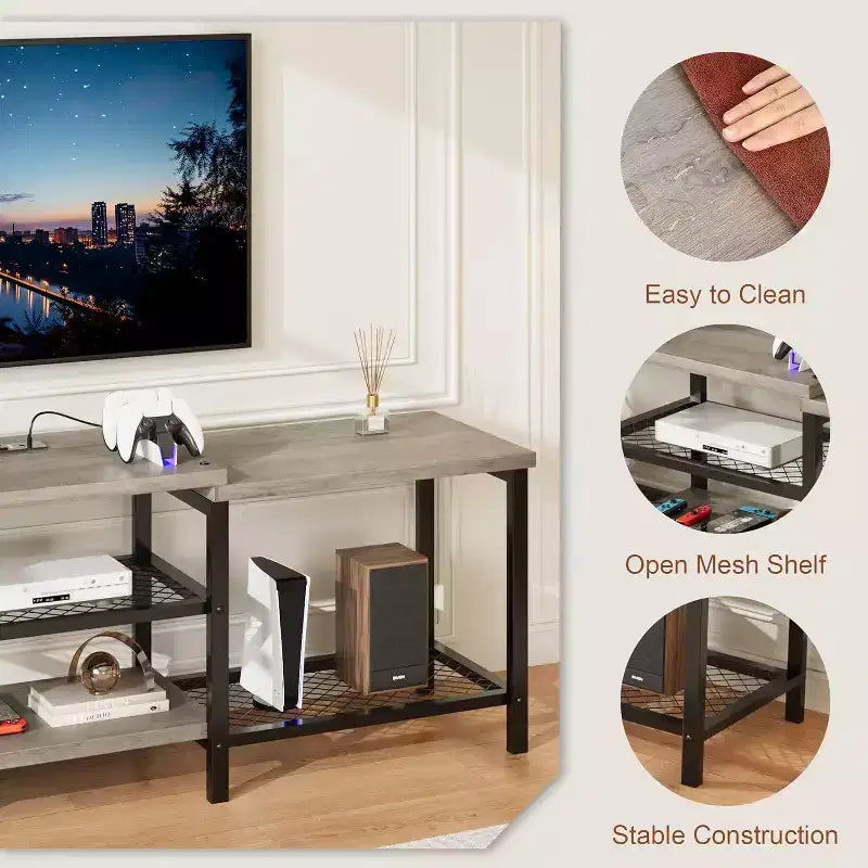 Meuble TV Acekool 170 cm avec lumières LED et prises de courant, meuble de divertissement gris pour TV 55/65/75 pouces, grand meuble console pour salon