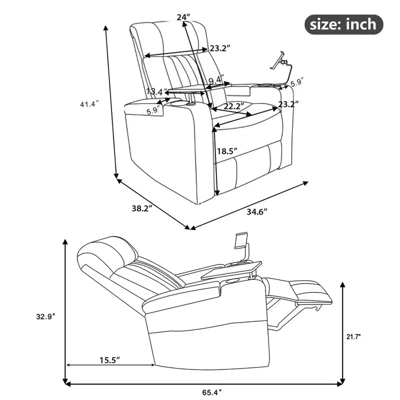 Fauteuil inclinable pivotant 270° avec lumières LED, plateau rotatif 360° et port USB - Fauteuil électrique de cinéma maison pour salon