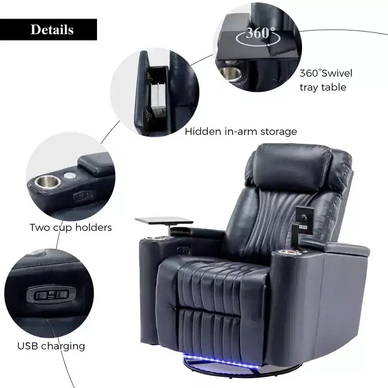 Fauteuil inclinable pivotant 270° avec lumières LED, plateau rotatif 360° et port USB - Fauteuil électrique de cinéma maison pour salon