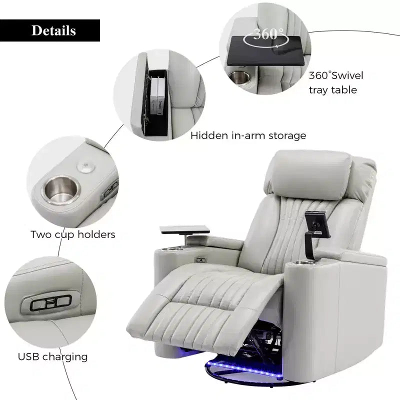 Fauteuil inclinable pivotant 270° avec lumières LED, plateau rotatif 360° et port USB - Fauteuil électrique de cinéma maison pour salon