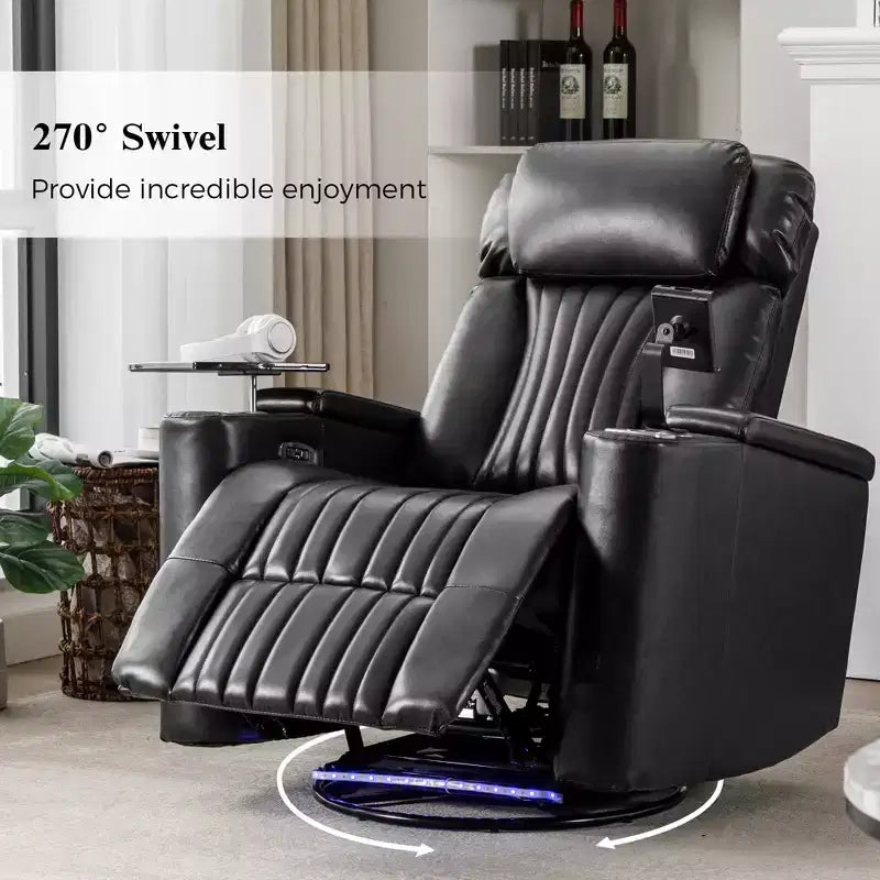 Fauteuil inclinable pivotant 270° avec lumières LED, plateau rotatif 360° et port USB - Fauteuil électrique de cinéma maison pour salon