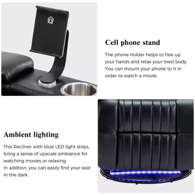 Fauteuil inclinable pivotant 270° avec lumières LED, plateau rotatif 360° et port USB - Fauteuil électrique de cinéma maison pour salon