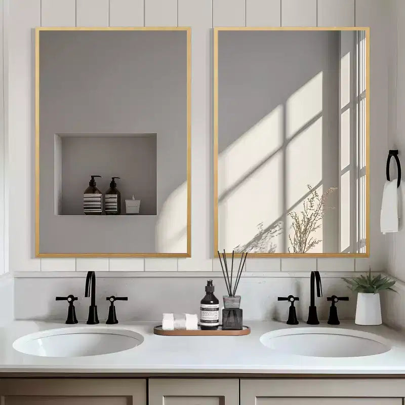 Rectangular Gold Aluminum Alloy Frame Hanging Mirror with Thin Edge and Double-Sided Mounting Feature