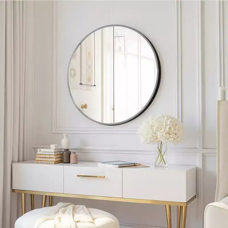 Miroir rond élégant de 60 cm en aluminium noir avec cadre fin, profondeur de 2,8 cm