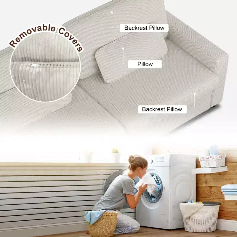 Canapé en velours côtelé avec accoudoirs carrés MUUEGM 89 | Canapé rembourré avec assise profonde, housse lavable, coussins amovibles