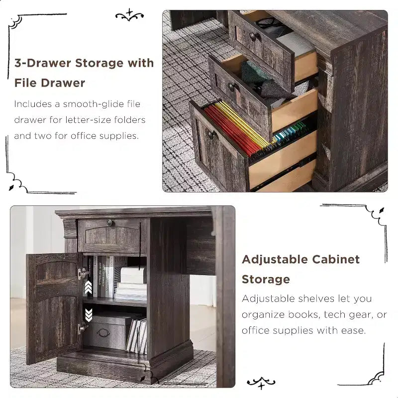 SinCiDo Bureau d'angle en L de 60 pouces, bureau d'ordinateur de style rustique avec station de charge, meuble de rangement pour dossiers, tiroir, bureau d'étude