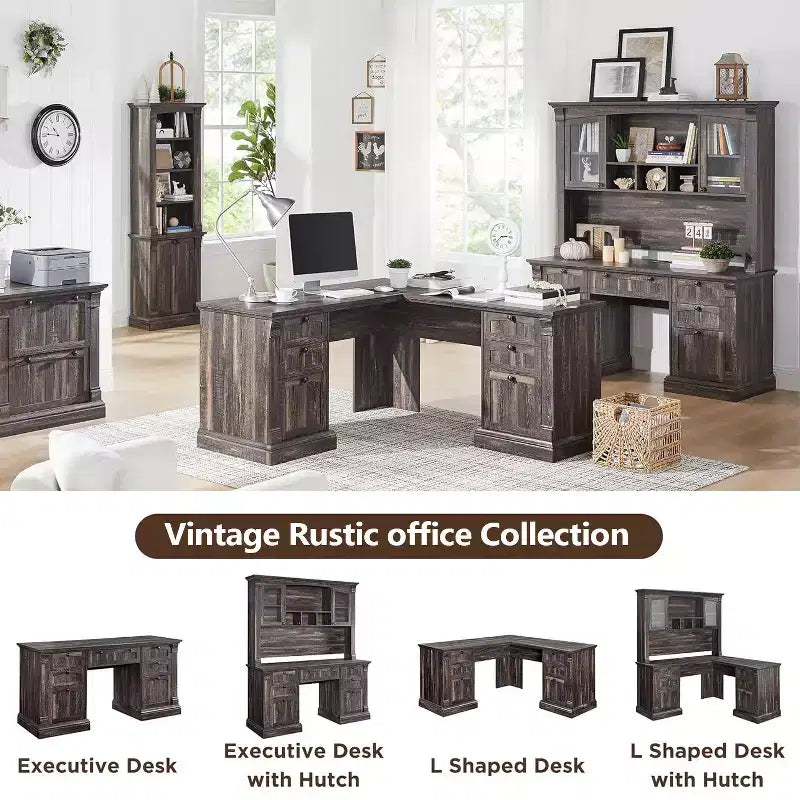 SinCiDo Bureau d'angle en L de 60 pouces, bureau d'ordinateur de style rustique avec station de charge, meuble de rangement pour dossiers, tiroir, bureau d'étude