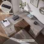 SinCiDo Bureau d'angle en L de 60 pouces, bureau d'ordinateur de style rustique avec station de charge, meuble de rangement pour dossiers, tiroir, bureau d'étude