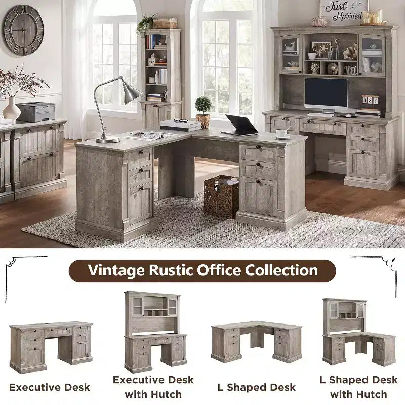 SinCiDo Bureau d'angle en L de 60 pouces, bureau d'ordinateur de style rustique avec station de charge, meuble de rangement pour dossiers, tiroir, bureau d'étude
