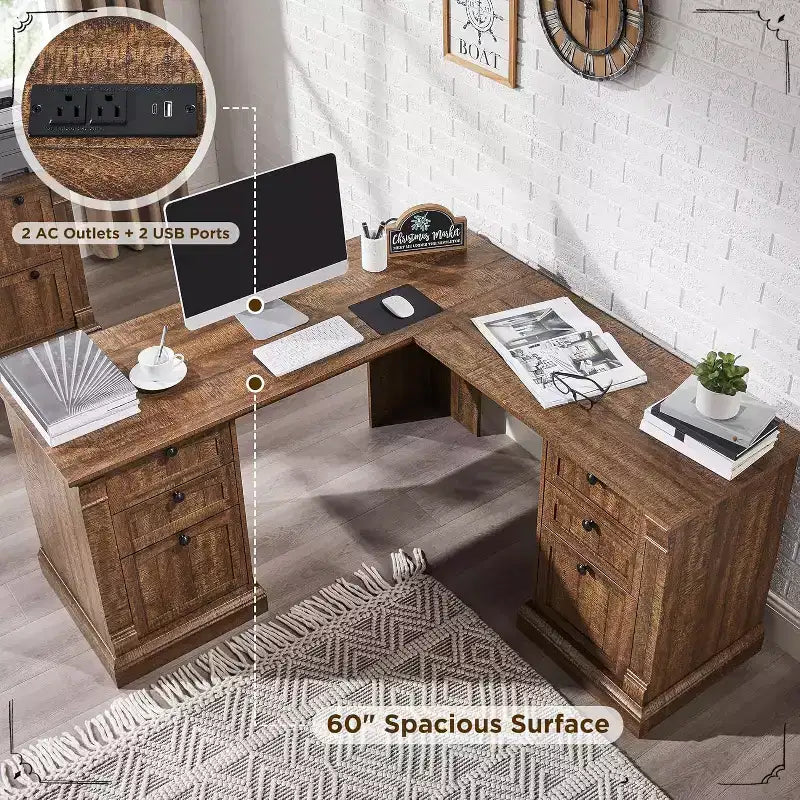 SinCiDo Bureau d'angle en L de 60 pouces, bureau d'ordinateur de style rustique avec station de charge, meuble de rangement pour dossiers, tiroir, bureau d'étude