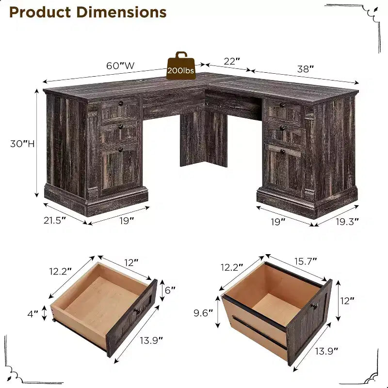 SinCiDo Bureau d'angle en L de 60 pouces, bureau d'ordinateur de style rustique avec station de charge, meuble de rangement pour dossiers, tiroir, bureau d'étude
