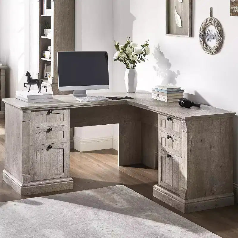 SinCiDo Bureau d'angle en L de 60 pouces, bureau d'ordinateur de style rustique avec station de charge, meuble de rangement pour dossiers, tiroir, bureau d'étude