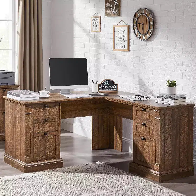 SinCiDo Bureau d'angle en L de 60 pouces, bureau d'ordinateur de style rustique avec station de charge, meuble de rangement pour dossiers, tiroir, bureau d'étude