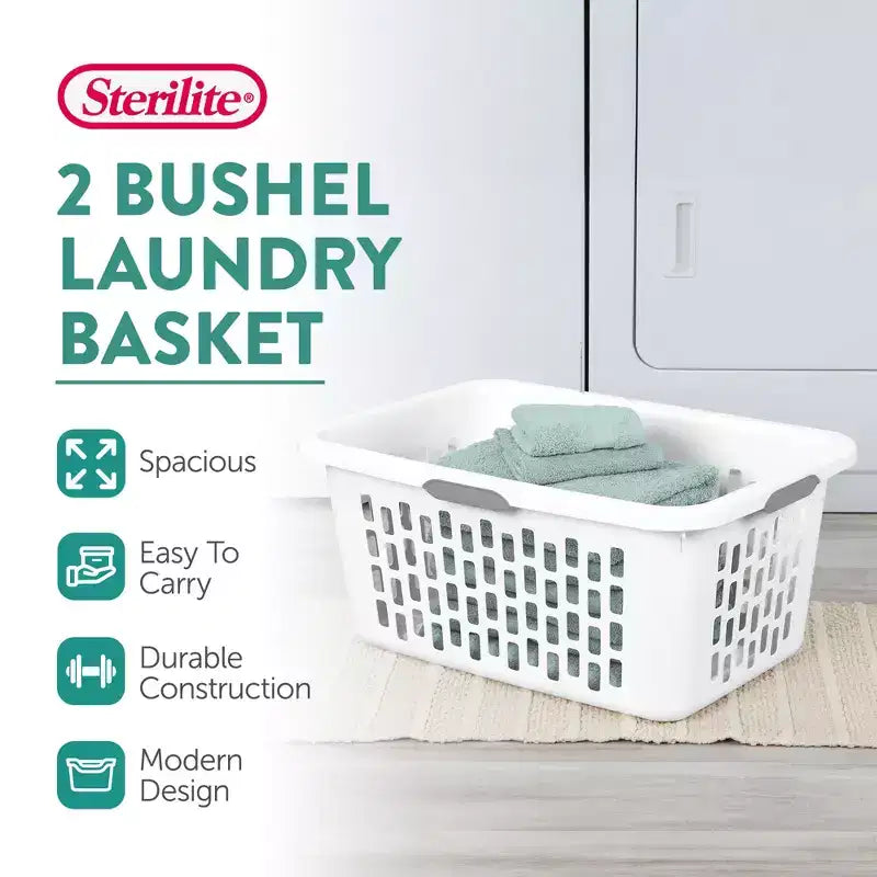 Panier à linge Sterilite, 2 boisseaux, en plastique avec poignées, blanc, lot de 6