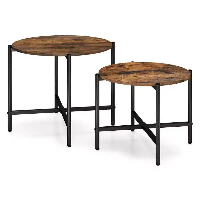 Costway Table basse ronde d'intérieur et d'extérieur - Lot de 2 tables basses gigognes de 54,6 et 64,8 cm - Table d'appoint ronde marron/blanc