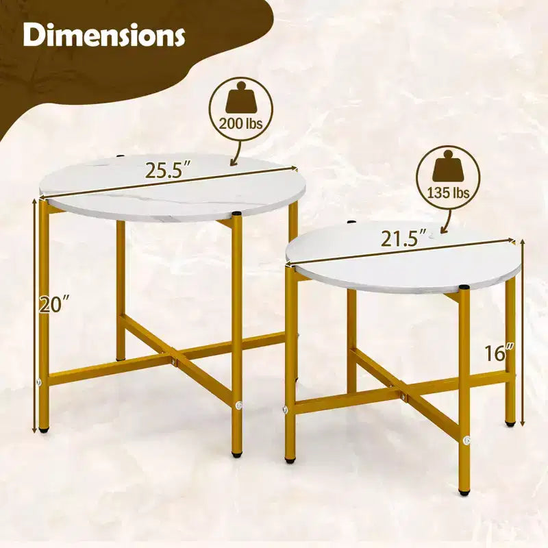 Costway Table basse ronde d'intérieur et d'extérieur - Lot de 2 tables basses gigognes de 54,6 et 64,8 cm - Table d'appoint ronde marron/blanc