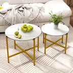 Costway Table basse ronde d'intérieur et d'extérieur - Lot de 2 tables basses gigognes de 54,6 et 64,8 cm - Table d'appoint ronde marron/blanc