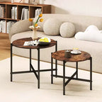 Costway Table basse ronde d'intérieur et d'extérieur - Lot de 2 tables basses gigognes de 54,6 et 64,8 cm - Table d'appoint ronde marron/blanc