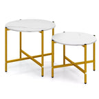 Costway Table basse ronde d'intérieur et d'extérieur - Lot de 2 tables basses gigognes de 54,6 et 64,8 cm - Table d'appoint ronde marron/blanc