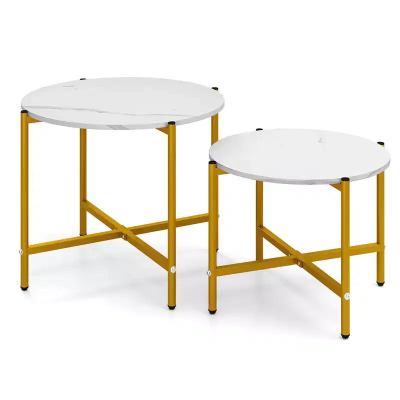 Costway Table basse ronde d'intérieur et d'extérieur - Lot de 2 tables basses gigognes de 54,6 et 64,8 cm - Table d'appoint ronde marron/blanc