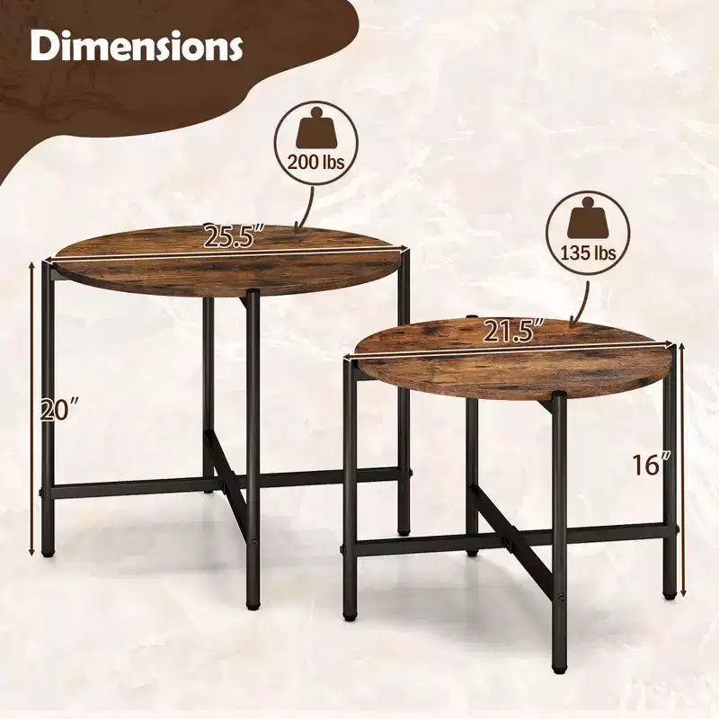 Costway Table basse ronde d'intérieur et d'extérieur - Lot de 2 tables basses gigognes de 54,6 et 64,8 cm - Table d'appoint ronde marron/blanc